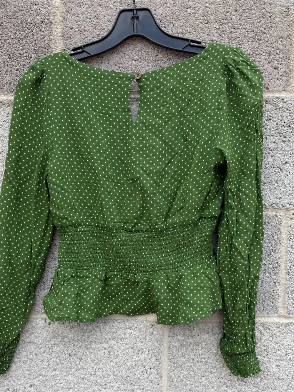 Reformation Size 6 Hearth Green Polka Dot Smocked Blouse Lined Key Hole Back